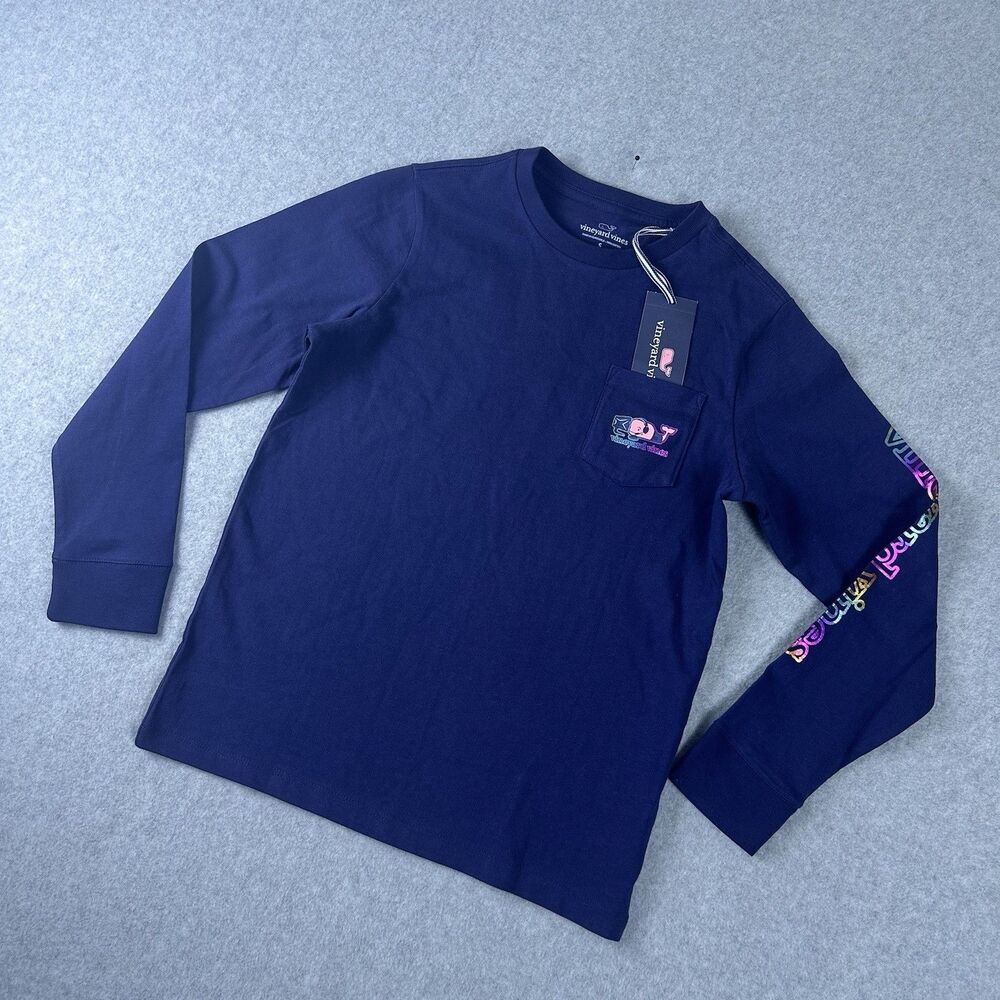 Vineyard Vines Boys Whale Gamer Graphic Long Sleeve T-Shirt Nautical Navy S NWT
